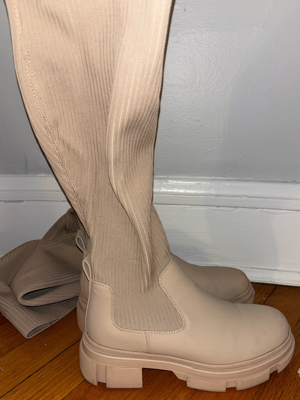 Amazon Women's Neutral Beige Over-the-Knee Stretch Boots